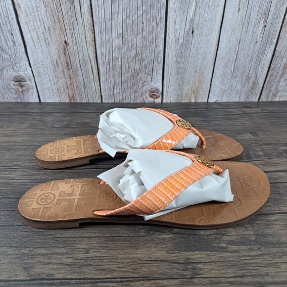 Tory Burch Thora Flip Flop Sandals Women's Sz 9 M Orange Patent Gold Logo - Picture 3 of 9